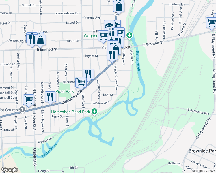 map of restaurants, bars, coffee shops, grocery stores, and more near 31 Lark Street in Battle Creek