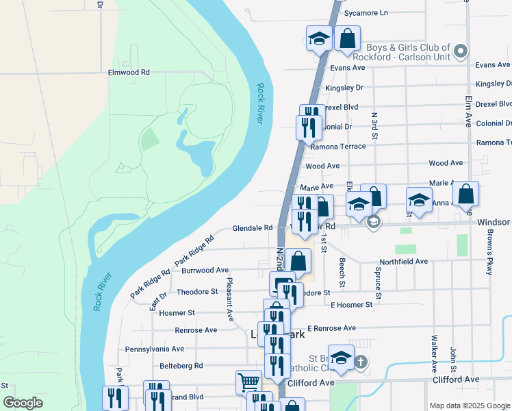 map of restaurants, bars, coffee shops, grocery stores, and more near 417 Peachtree Circle in Loves Park