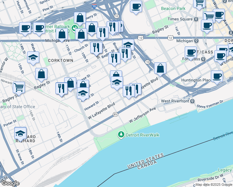 map of restaurants, bars, coffee shops, grocery stores, and more near 1500 West Fort Street in Detroit