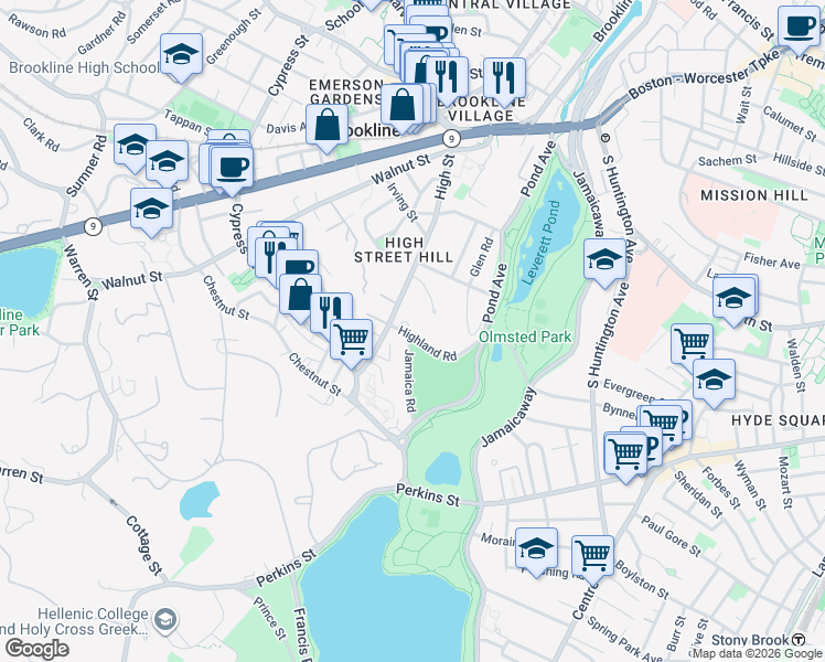 map of restaurants, bars, coffee shops, grocery stores, and more near 68 Jamaica Road in Brookline