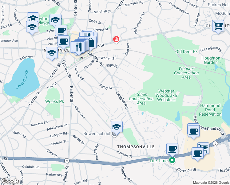 map of restaurants, bars, coffee shops, grocery stores, and more near 211 Langley Road in Newton