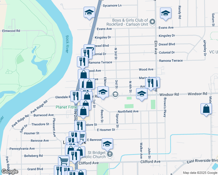 map of restaurants, bars, coffee shops, grocery stores, and more near 715 Anna Avenue in Loves Park