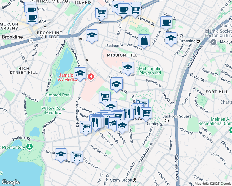 map of restaurants, bars, coffee shops, grocery stores, and more near 200 Heath Street in Boston