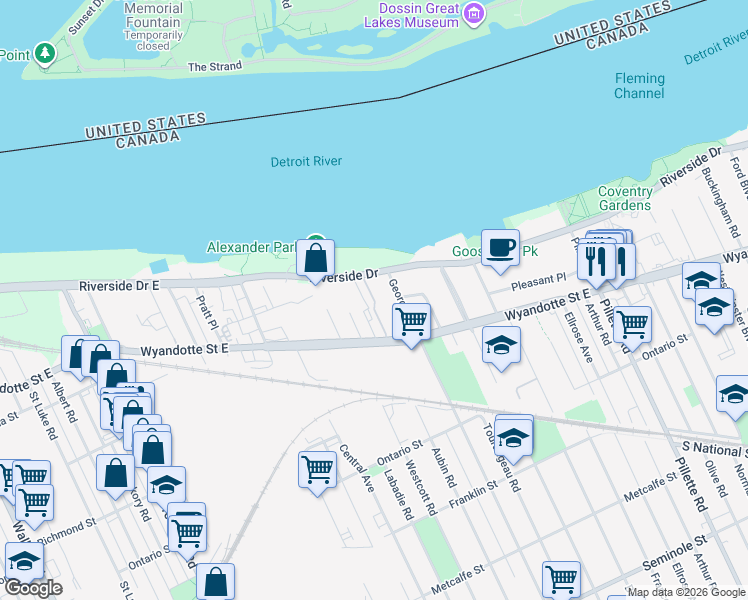 map of restaurants, bars, coffee shops, grocery stores, and more near 3936 Wyandotte Street East in Windsor