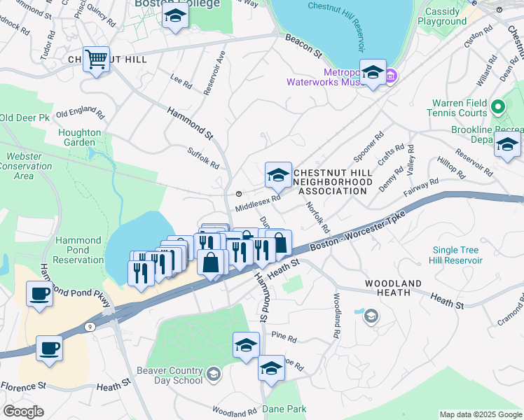 map of restaurants, bars, coffee shops, grocery stores, and more near 41 Middlesex Road in Newton