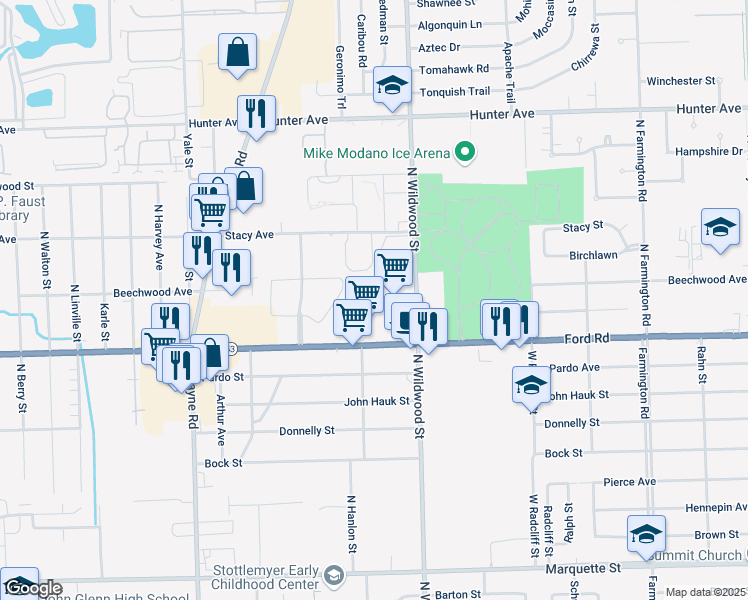 map of restaurants, bars, coffee shops, grocery stores, and more near 34414 Ford Rd in Westland