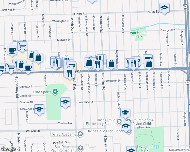 map of restaurants, bars, coffee shops, grocery stores, and more near 2020 North Evangeline Street in Dearborn Heights