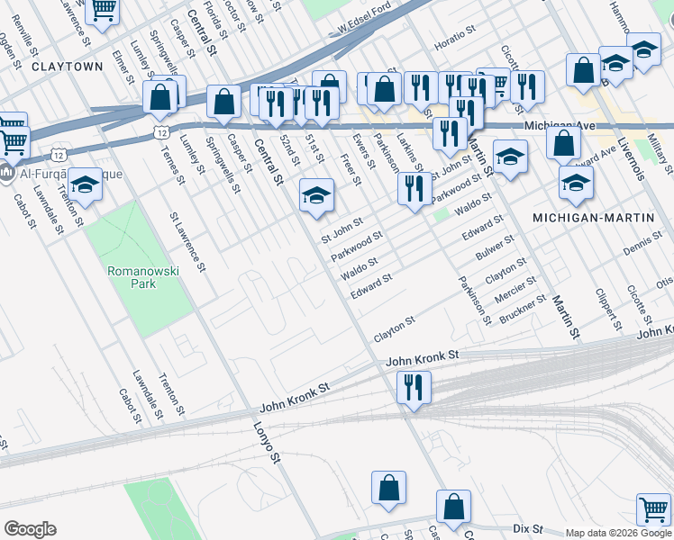 map of restaurants, bars, coffee shops, grocery stores, and more near 4020 Central Avenue in Detroit