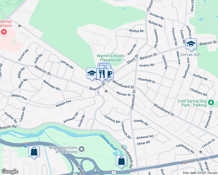 map of restaurants, bars, coffee shops, grocery stores, and more near 72 Wyman Street in Newton