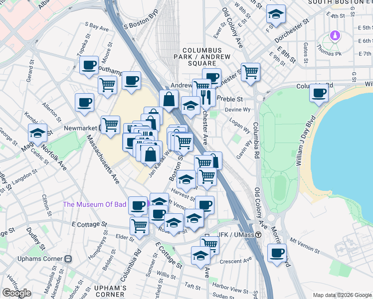 map of restaurants, bars, coffee shops, grocery stores, and more near 26 Washburn Street in Boston