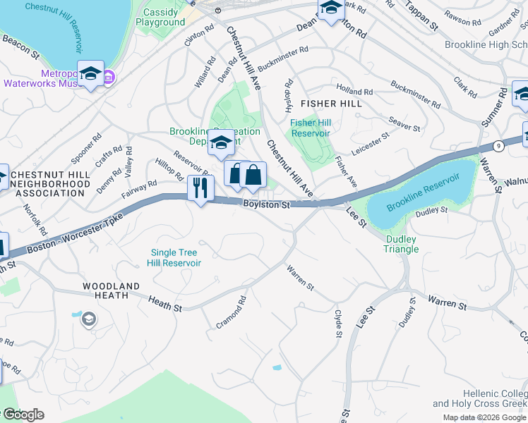 map of restaurants, bars, coffee shops, grocery stores, and more near 41 Cutler Lane in Brookline