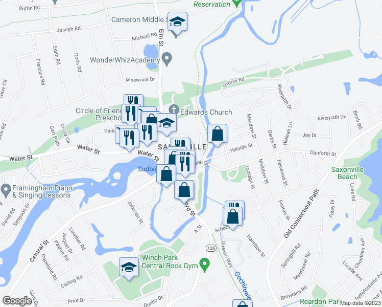 map of restaurants, bars, coffee shops, grocery stores, and more near 18 Danforth Street in Framingham