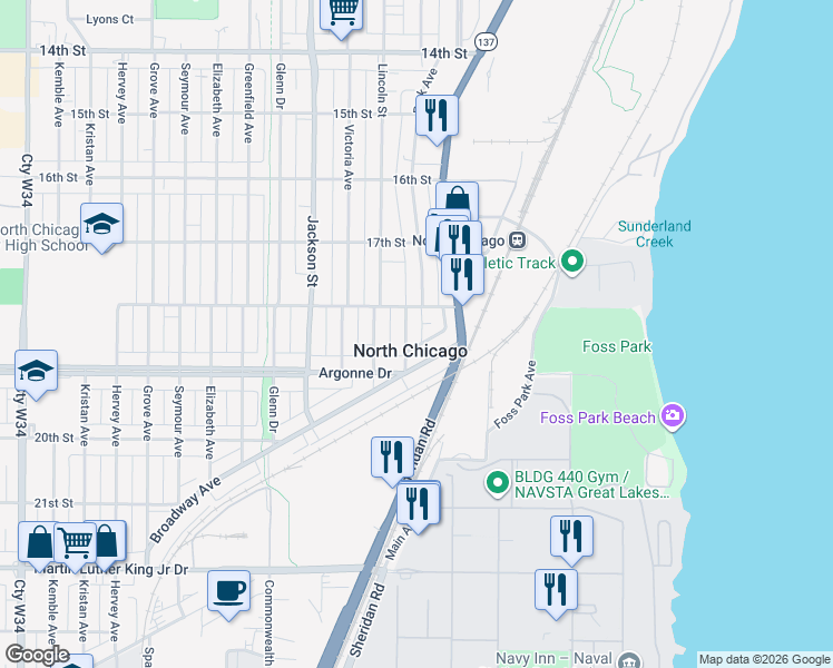 map of restaurants, bars, coffee shops, grocery stores, and more near in North Chicago