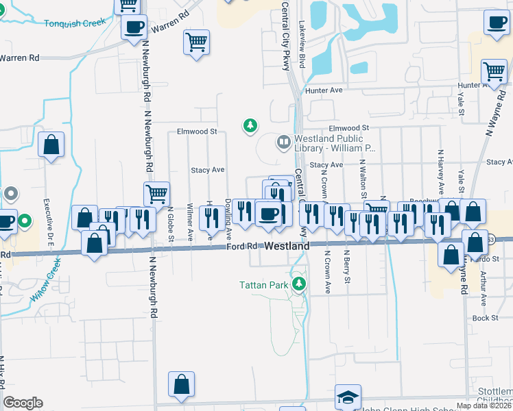 map of restaurants, bars, coffee shops, grocery stores, and more near 36588 Ford Road in Westland