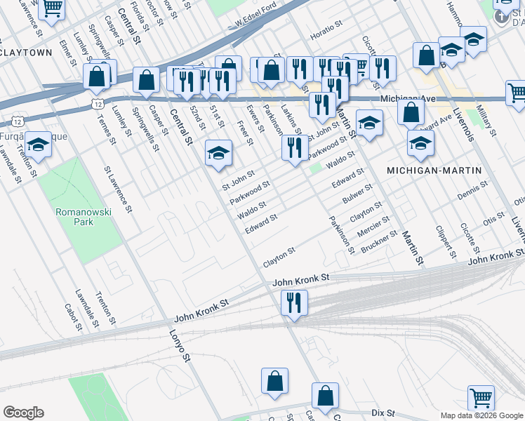 map of restaurants, bars, coffee shops, grocery stores, and more near 7371 Edward Street in Detroit