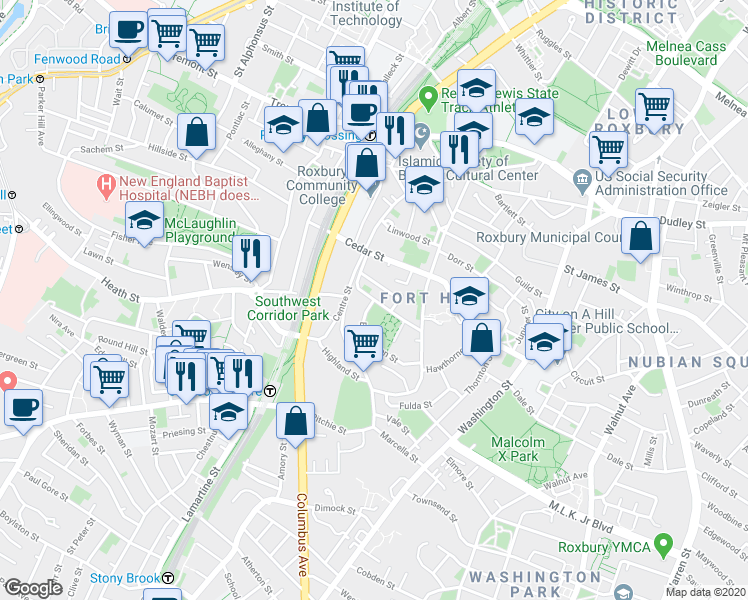 map of restaurants, bars, coffee shops, grocery stores, and more near Fort Avenue & Beech Glen Street in Boston
