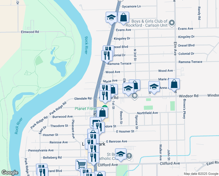 map of restaurants, bars, coffee shops, grocery stores, and more near 514 Windsor Road in Loves Park