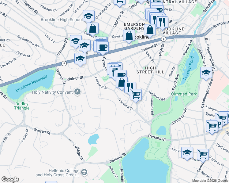 map of restaurants, bars, coffee shops, grocery stores, and more near 83 Chestnut Street in Brookline