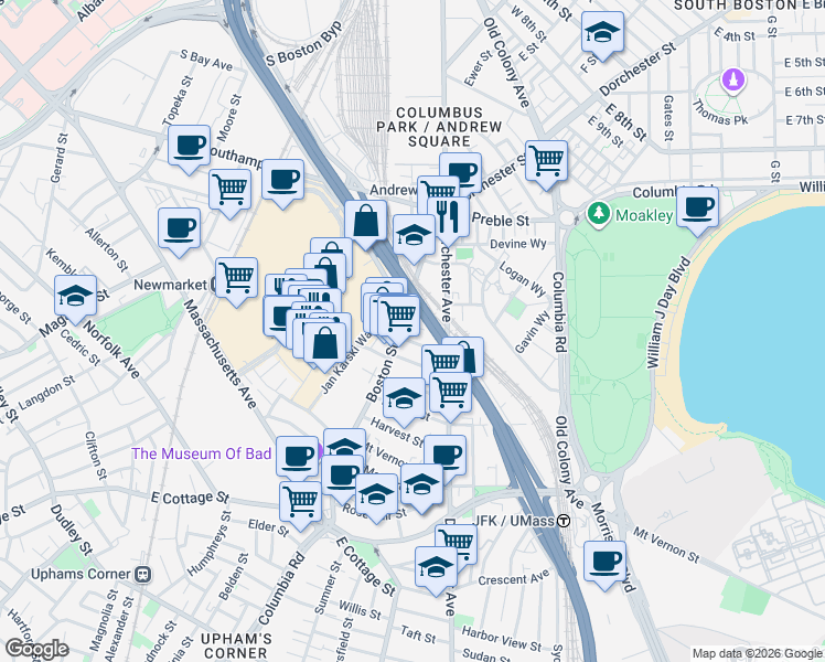map of restaurants, bars, coffee shops, grocery stores, and more near 26 Washburn Street in Boston