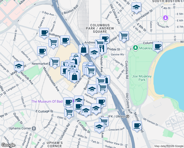 map of restaurants, bars, coffee shops, grocery stores, and more near 102 Boston Street in Boston