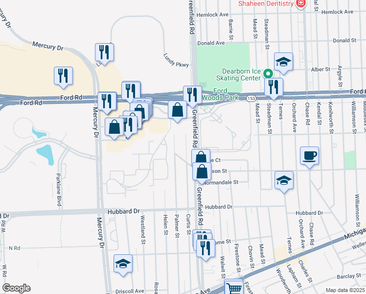 map of restaurants, bars, coffee shops, grocery stores, and more near 5160 Palmer Street in Dearborn