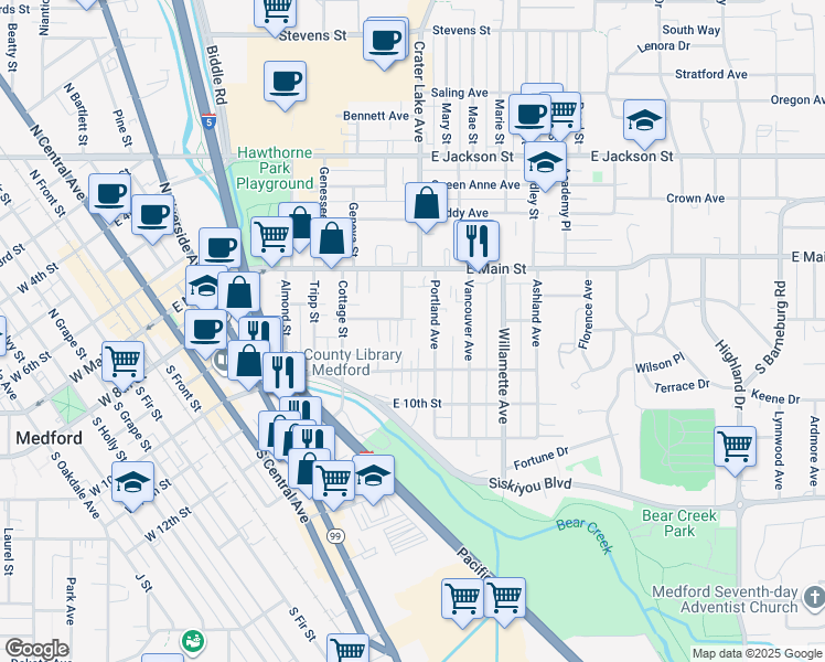 map of restaurants, bars, coffee shops, grocery stores, and more near 126 Portland Avenue in Medford