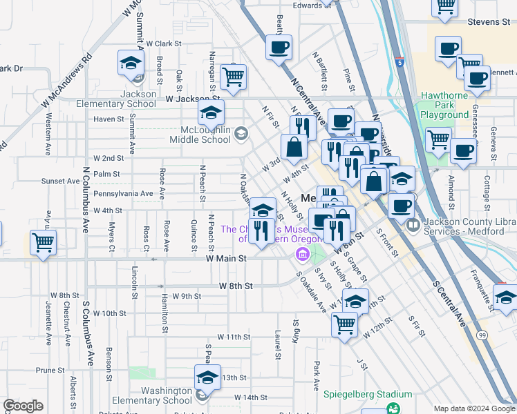map of restaurants, bars, coffee shops, grocery stores, and more near 211 North Oakdale Avenue in Medford
