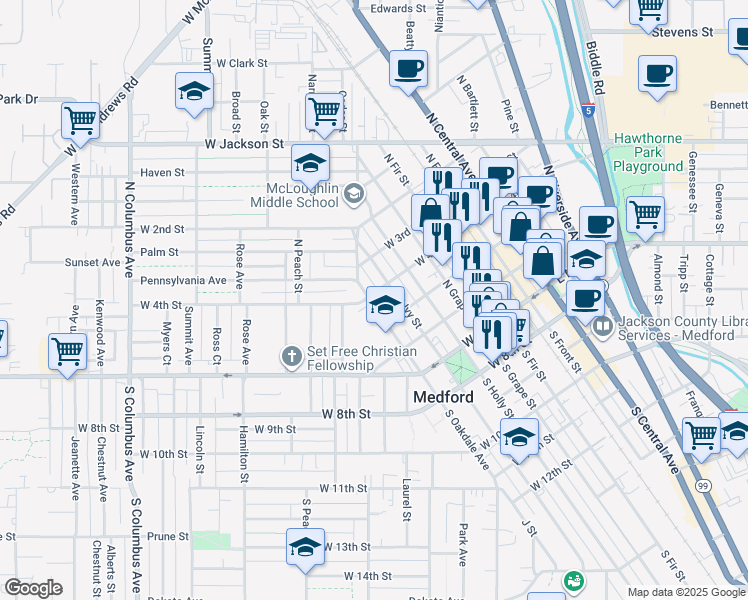 map of restaurants, bars, coffee shops, grocery stores, and more near 211 North Oakdale Avenue in Medford