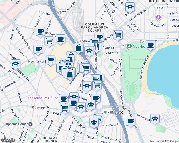map of restaurants, bars, coffee shops, grocery stores, and more near 26 Washburn Street in Boston