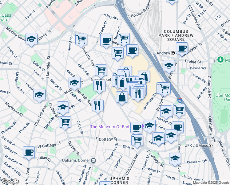 map of restaurants, bars, coffee shops, grocery stores, and more near 1104 Massachusetts Avenue in Boston