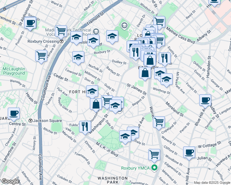 map of restaurants, bars, coffee shops, grocery stores, and more near 2599 Washington Street in Boston