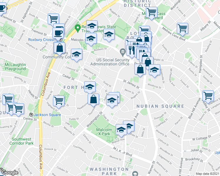 map of restaurants, bars, coffee shops, grocery stores, and more near 2599 Washington Street in Boston
