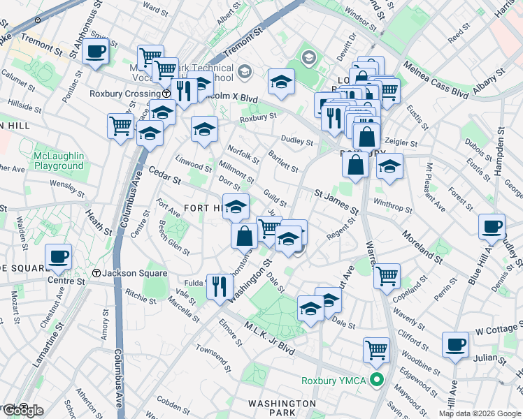 map of restaurants, bars, coffee shops, grocery stores, and more near 38 Thornton Street in Boston
