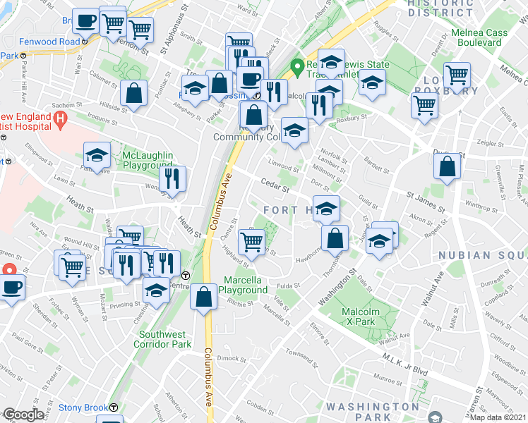 map of restaurants, bars, coffee shops, grocery stores, and more near 21 Beech Glen Street in Boston