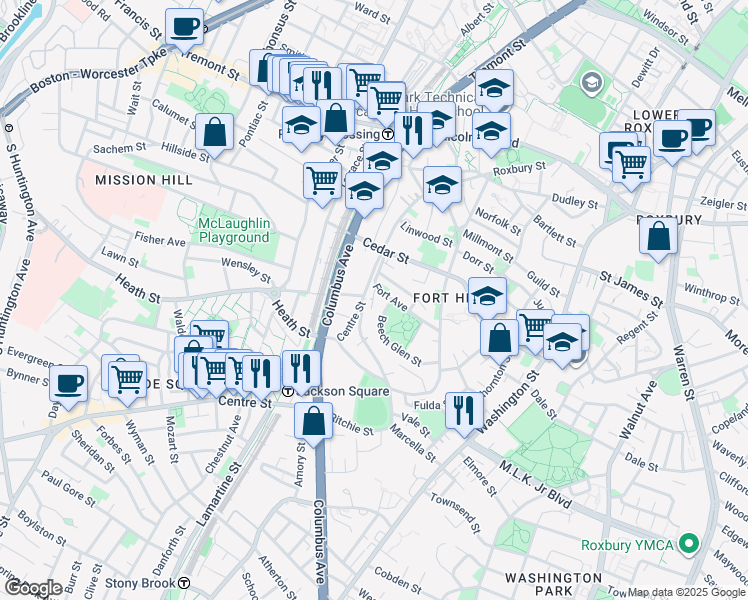 map of restaurants, bars, coffee shops, grocery stores, and more near 21 Beech Glen Street in Boston
