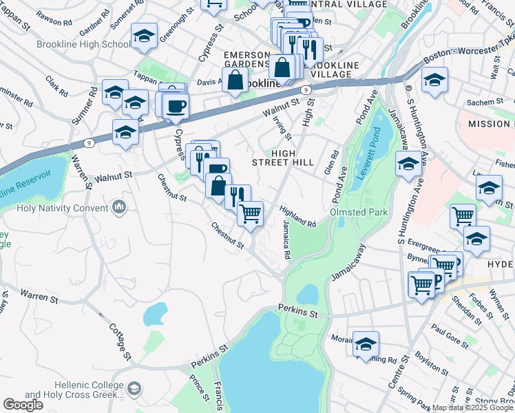 map of restaurants, bars, coffee shops, grocery stores, and more near 191 High Street in Brookline