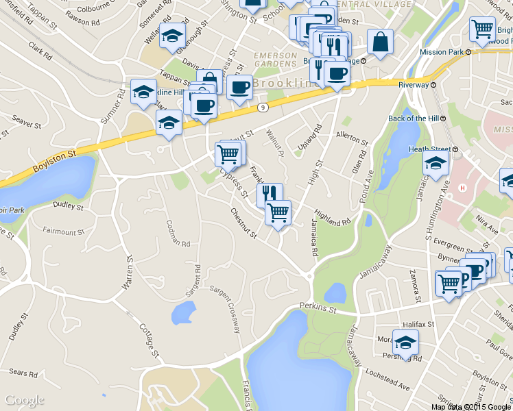 map of restaurants, bars, coffee shops, grocery stores, and more near 100 Franklin Street in Brookline
