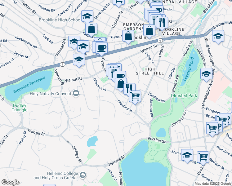 map of restaurants, bars, coffee shops, grocery stores, and more near 110 Chestnut Street in Brookline