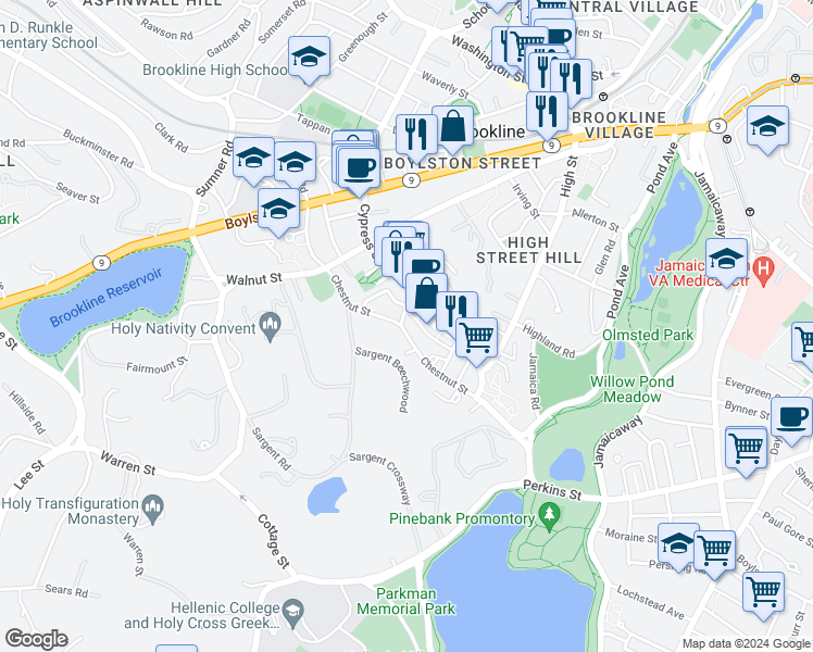 map of restaurants, bars, coffee shops, grocery stores, and more near 110 Chestnut Street in Brookline
