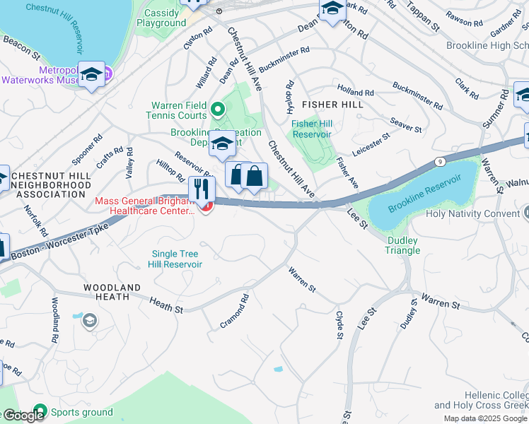 map of restaurants, bars, coffee shops, grocery stores, and more near 41 Cutler Lane in Brookline