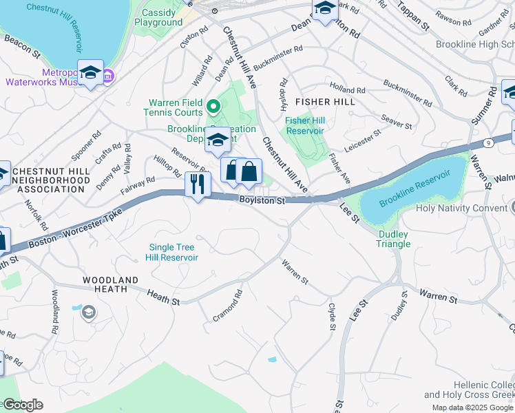 map of restaurants, bars, coffee shops, grocery stores, and more near 41 Cutler Lane in Brookline