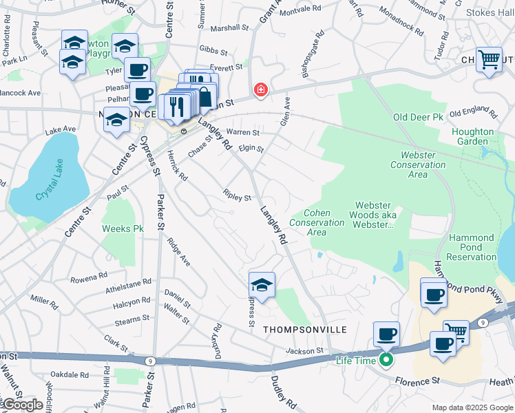 map of restaurants, bars, coffee shops, grocery stores, and more near 160 Herrick Road in Newton