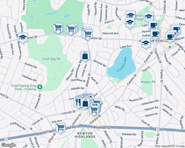 map of restaurants, bars, coffee shops, grocery stores, and more near 1048 Walnut Street in Newton
