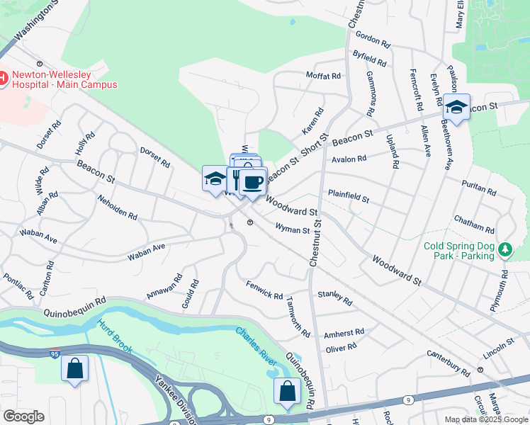 map of restaurants, bars, coffee shops, grocery stores, and more near 52 Wyman Street in Newton