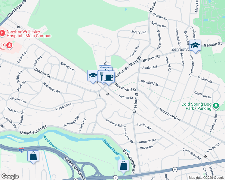 map of restaurants, bars, coffee shops, grocery stores, and more near in Newton