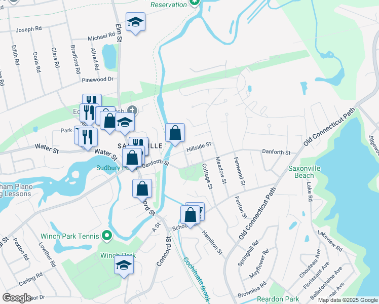 map of restaurants, bars, coffee shops, grocery stores, and more near 108 Danforth Street in Framingham