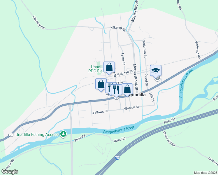 map of restaurants, bars, coffee shops, grocery stores, and more near 187 New York 7 in Unadilla