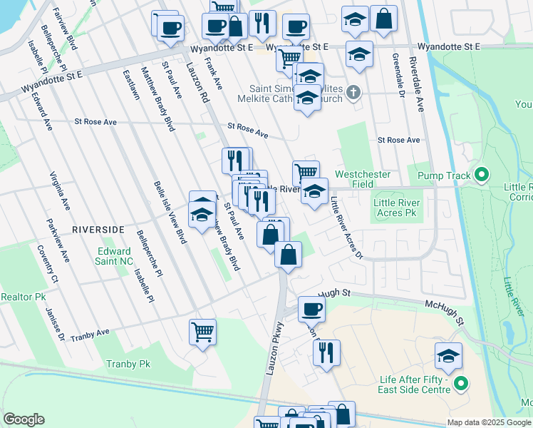 map of restaurants, bars, coffee shops, grocery stores, and more near 1211 Lauzon Road in Windsor