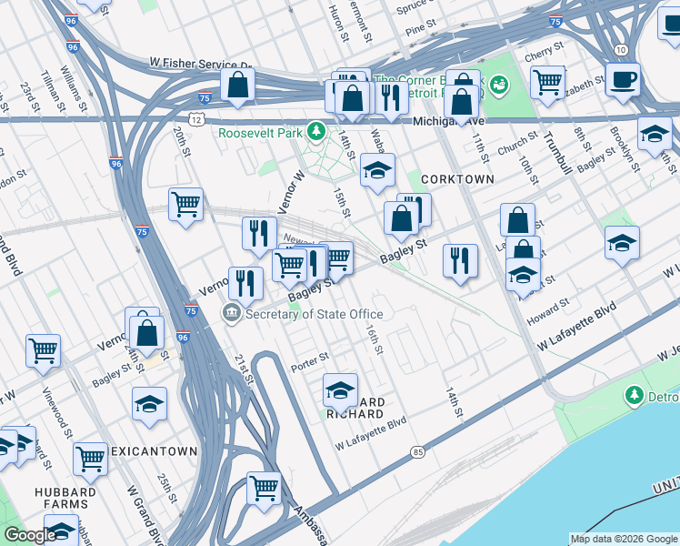 map of restaurants, bars, coffee shops, grocery stores, and more near 1531 16th Street in Detroit