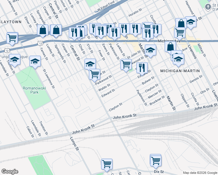 map of restaurants, bars, coffee shops, grocery stores, and more near 7371 Edward Street in Detroit